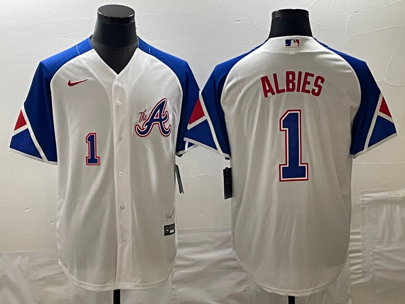 Men's Atlanta Braves #1 Ozzie Albies White 2023 City Connect Cool Base With Patch Stitched Baseball Jersey